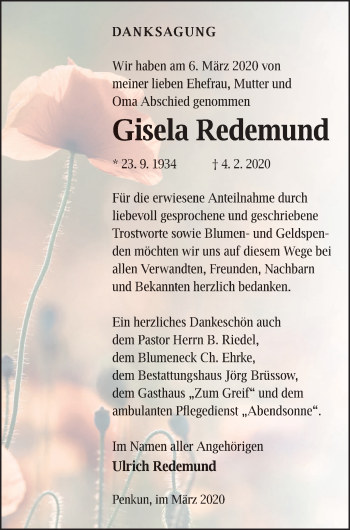 Traueranzeige von Gisela Redemund von Pasewalker Zeitung