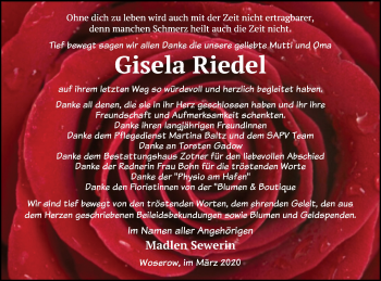 Traueranzeige von Gisela Riedel von Vorpommern Kurier