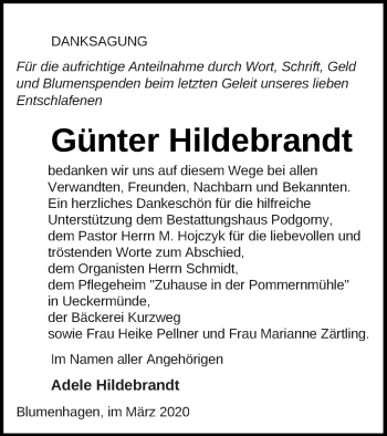 Traueranzeige von Günter Hildebrandt von Pasewalker Zeitung