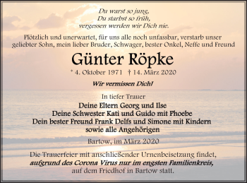 Traueranzeige von Günter Röpke von Demminer Zeitung