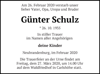 Traueranzeige von Günter Schulz von Neubrandenburger Zeitung