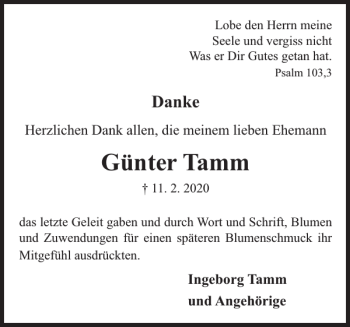 Traueranzeige von Günter Tamm von Hagenower Kreisblatt