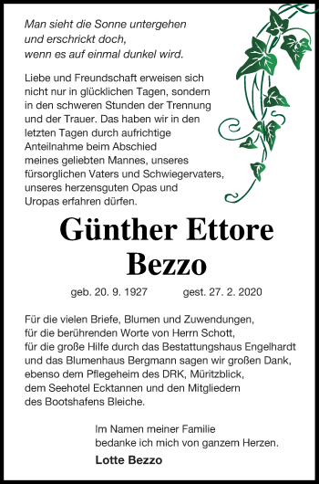 Traueranzeige von Günther Ettore Bezzo von Müritz-Zeitung