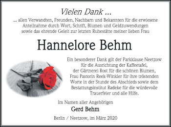 Traueranzeige von Hannelore Behm von Vorpommern Kurier