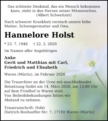 Traueranzeige von Hannelore Holst von Müritz-Zeitung