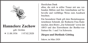 Traueranzeige von Hannelore Zachow von Zeitung für die Landeshauptstadt