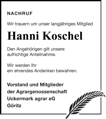 Traueranzeige von Hanni Koschel von Prenzlauer Zeitung