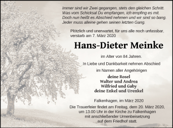 Traueranzeige von Hans-Dieter Meinke von Prenzlauer Zeitung