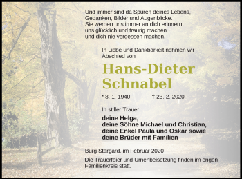Traueranzeige von Hans-Dieter Schnabel von Neubrandenburger Zeitung