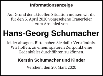 Traueranzeige von Hans-Georg Schumacher von Demminer Zeitung