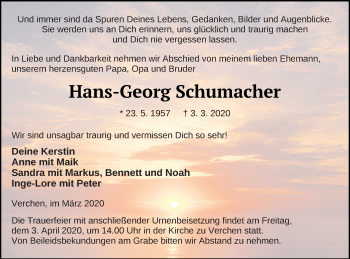 Traueranzeige von Hans-Georg Schumacher von Demminer Zeitung