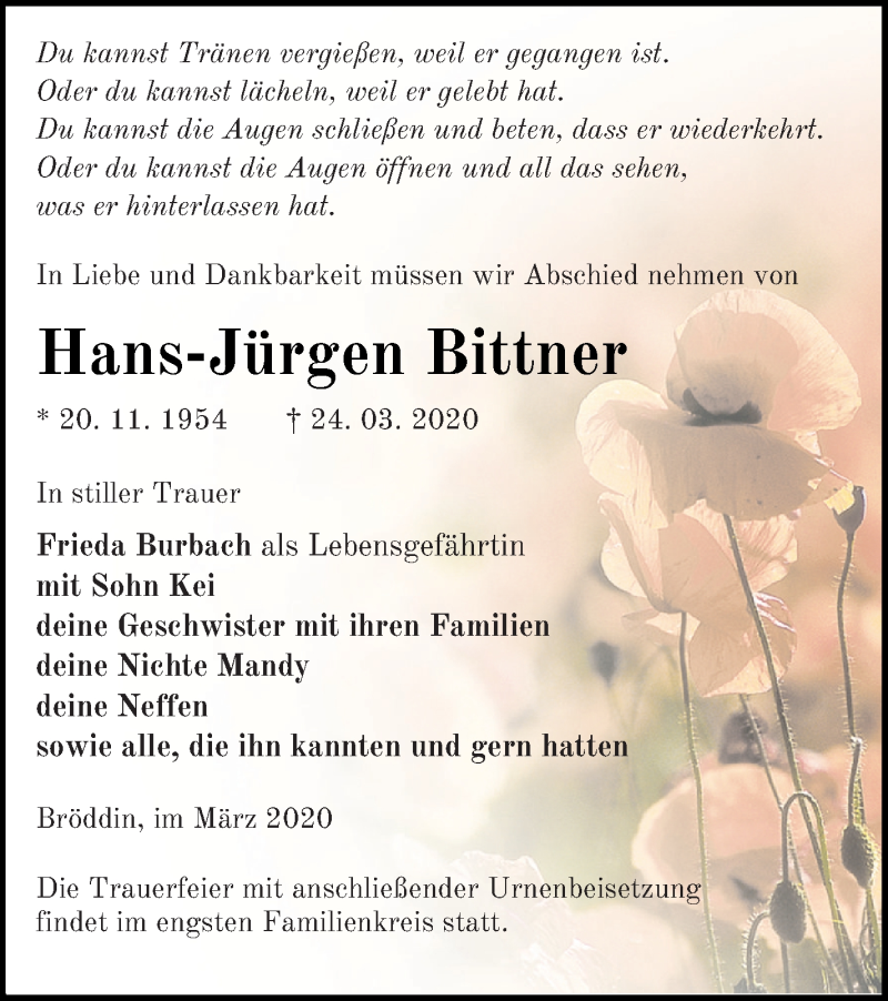  Traueranzeige für Hans-Jürgen Bittner vom 27.03.2020 aus Templiner Zeitung