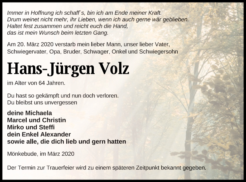  Traueranzeige für Hans-Jürgen Volz vom 25.03.2020 aus Haff-Zeitung