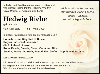 Traueranzeige von Hedwig Riebe von Mecklenburger Schweiz