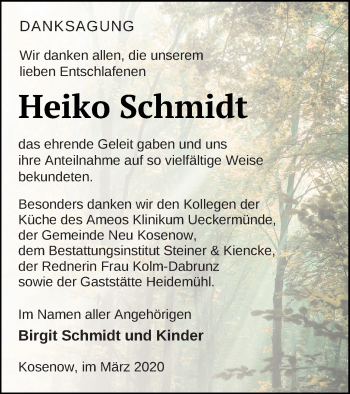 Traueranzeige von Heiko Schmidt von Vorpommern Kurier