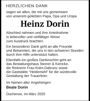 Traueranzeige von Heinz Dorin von Vorpommern Kurier