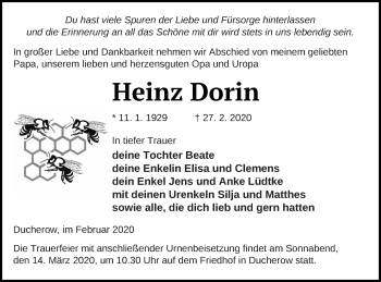 Traueranzeige von Heinz Dorin von Vorpommern Kurier