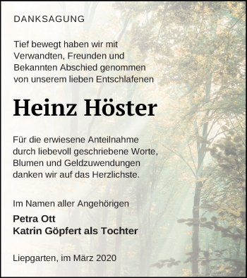 Traueranzeige von Heinz Höster von Haff-Zeitung