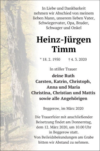 Traueranzeige von Heinz-Jürgen Timm von Demminer Zeitung