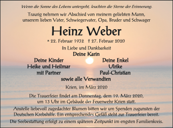 Traueranzeige von Heinz Weber von Vorpommern Kurier