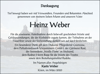 Traueranzeige von Heinz Weber von Vorpommern Kurier