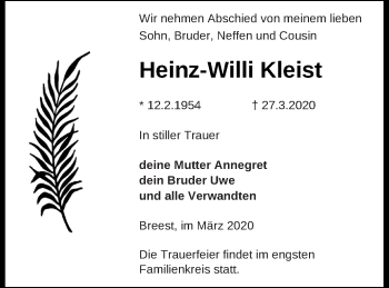 Traueranzeige von Heinz-Willi Kleist von Neubrandenburger Zeitung