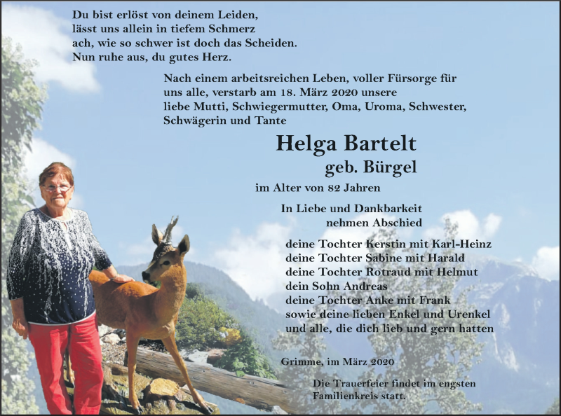  Traueranzeige für Helga Bartelt vom 24.03.2020 aus Pasewalker Zeitung