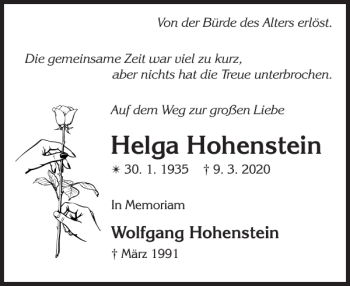 Traueranzeige von Helga Hohenstein von Zeitung für die Landeshauptstadt