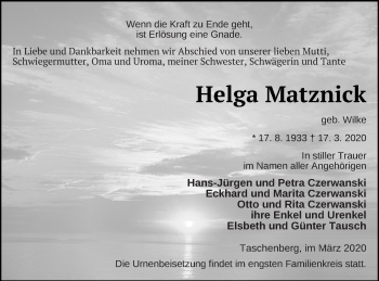 Traueranzeige von Helga Matznick von Prenzlauer Zeitung