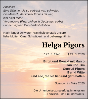 Traueranzeige von Helga Pigors von Strelitzer Zeitung