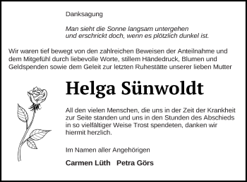 Traueranzeige von Helga Sünwoldt von Müritz-Zeitung