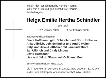 Traueranzeige von Helga Emilie Hertha Schindler von Strelitzer Zeitung