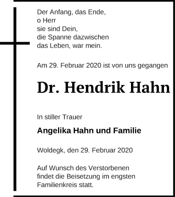 Traueranzeige von Hendrik Hahn von Strelitzer Zeitung