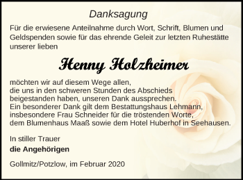 Traueranzeige von Henny Holzheimer von Prenzlauer Zeitung