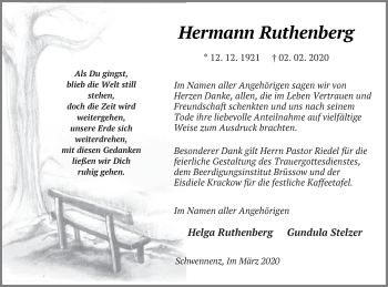 Traueranzeige von Hermann Ruthenberg von Pasewalker Zeitung