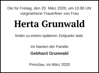 Traueranzeige von Herta Grunwald von Prenzlauer Zeitung