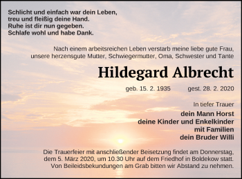 Traueranzeige von Hildegard Albrecht von Vorpommern Kurier