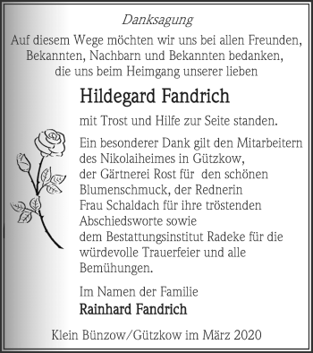 Traueranzeige von Hildegard Fandrich von Vorpommern Kurier