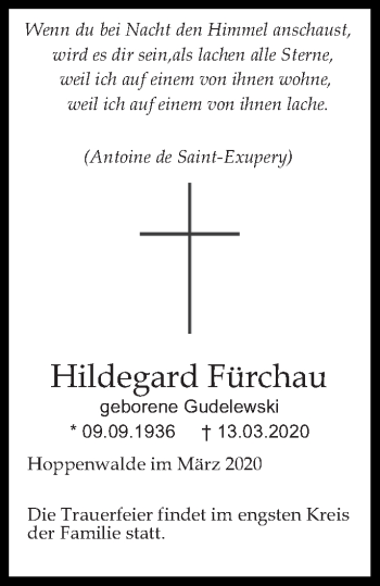 Traueranzeige von Hildegard Fürchau von Haff-Zeitung