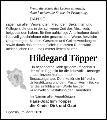 Traueranzeige von Hildegard Töpper von Haff-Zeitung