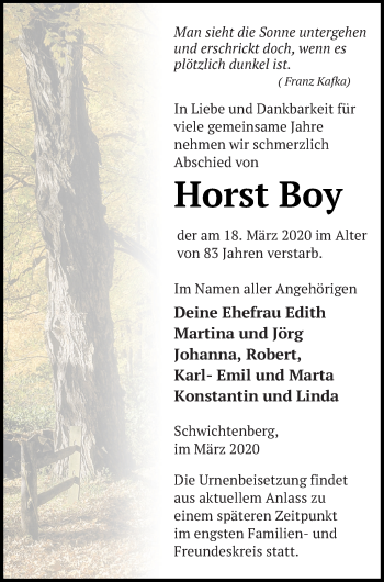 Traueranzeige von Horst Boy von Neubrandenburger Zeitung