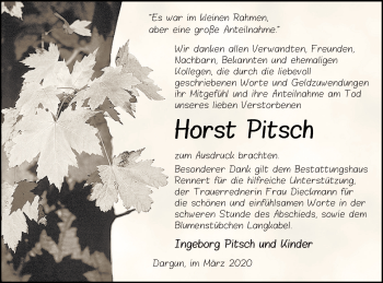 Traueranzeige von Horst Pitsch von Mecklenburger Schweiz