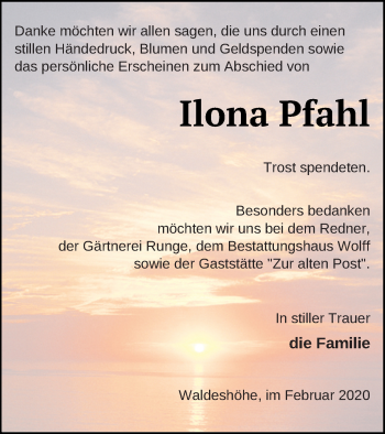 Traueranzeige von Ilona Pfahl von Pasewalker Zeitung