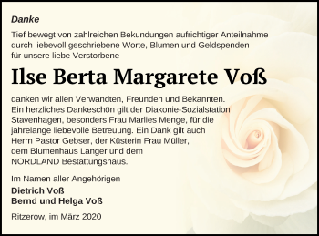 Traueranzeige von Ilse Berta Margarete Voß von Mecklenburger Schweiz