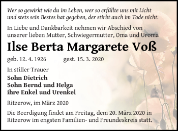 Traueranzeige von Ilse Berta Margarete Voß von Demminer Zeitung