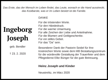 Traueranzeige von Ingeboerg Joseph von Strelitzer Zeitung