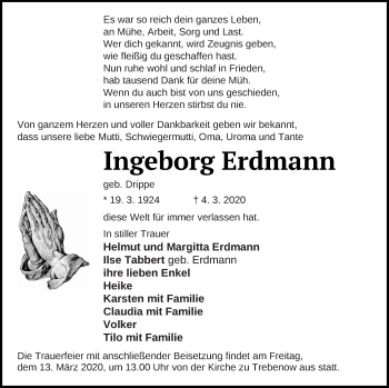 Traueranzeige von Ingeborg Erdmann von Prenzlauer Zeitung