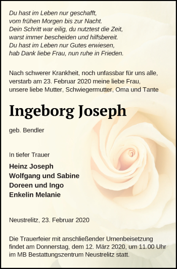 Traueranzeige von Ingeborg Joseph von Strelitzer Zeitung