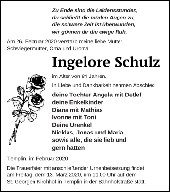 Traueranzeige von Ingelore Schulz von Templiner Zeitung