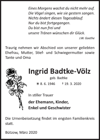 Traueranzeige von Ingrid Badtke-Völz von Bützower Zeitung